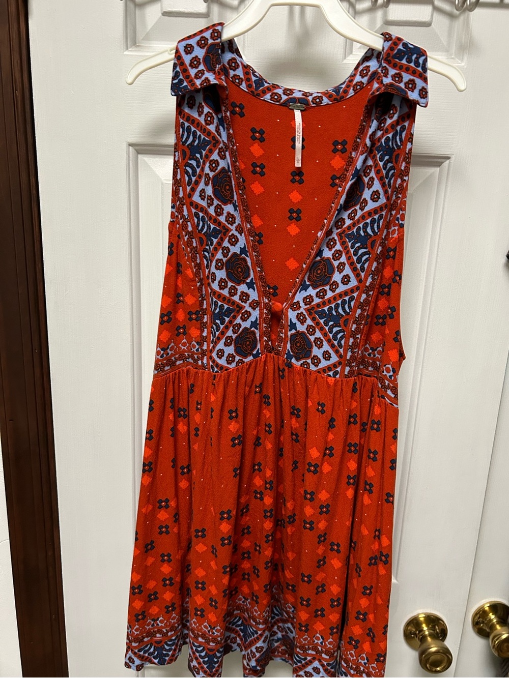 Free People Red Printed Sleeveless Mini Dress/or Long Top w/ Blue Accents, Lg